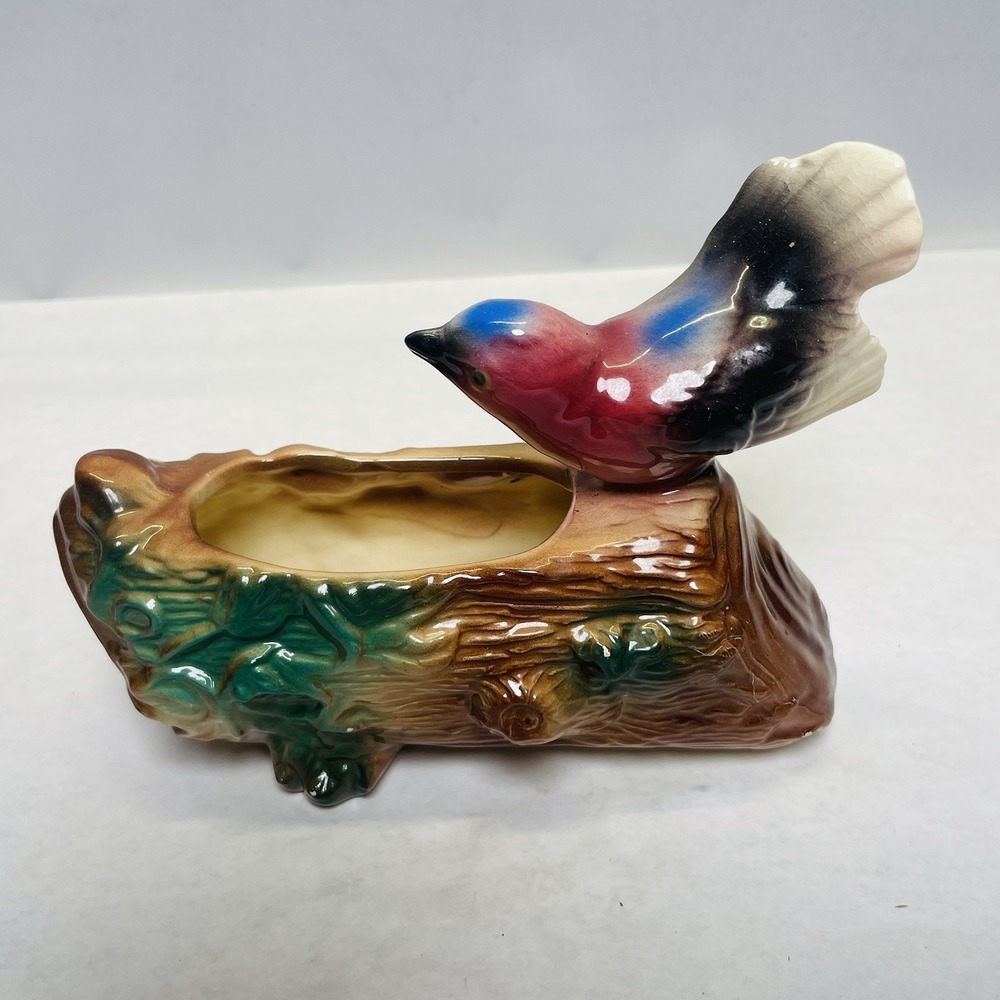 California Pottery Song Bird on Log Planter Vtg Pink Blue,White Maddux MCM